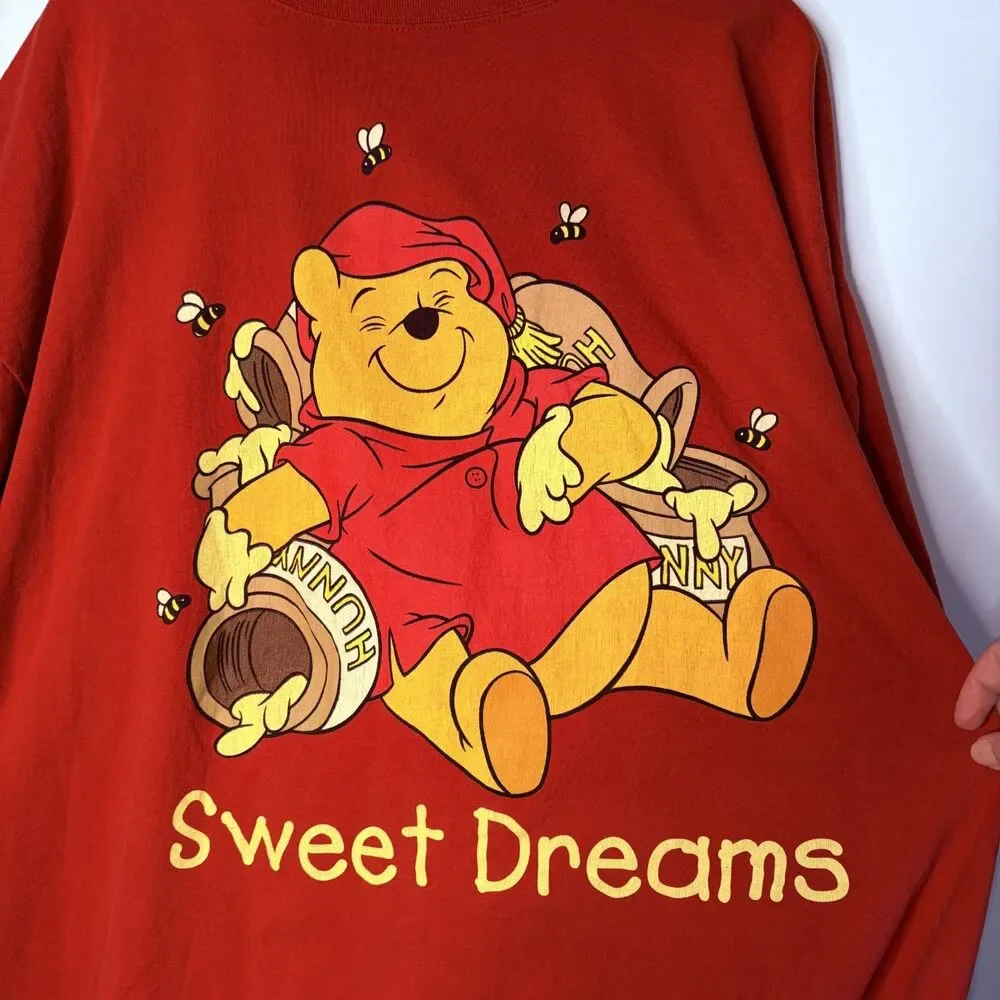 Vintage Disney Pooh Pajama Shirt PJ Top Short Sleeve Red Sweet Dream Women OS XL - Picture 2 of 10